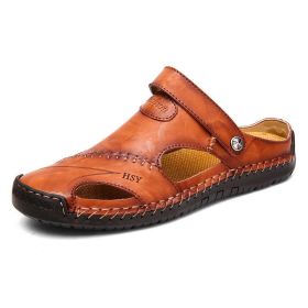 Summer Men's Casual Leather Sandals Slippers Switch Freely Cowhide Breathable Trend Luxury Outdoor Street Beach Shoes Black Brown (Color: Red brown)