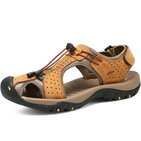 Men Summer Sandal Cow Leather Hiking Sandal Man Beach Sandal Outdoor Casual Shoe High Quality Leather Aqua Shoes Plus Size 46 (Color: Camel)