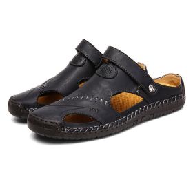 Summer Men's Casual Leather Sandals Slippers Switch Freely Cowhide Breathable Trend Luxury Outdoor Street Beach Shoes Black Brown (Color: Black)