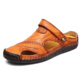 Summer Men's Casual Leather Sandals Slippers Switch Freely Cowhide Breathable Trend Luxury Outdoor Street Beach Shoes Black Brown (Color: Yellow brown)