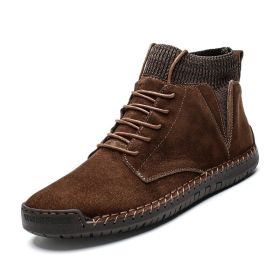 Men Shoes Winter Men Warm Fur Suede Boot Motorcycle Boots Fashion Handmade Winter Ankle Boots Male Comfortable Cowboy Boots (Color: no fur brown)
