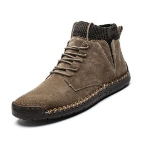 Men Shoes Winter Men Warm Fur Suede Boot Motorcycle Boots Fashion Handmade Winter Ankle Boots Male Comfortable Cowboy Boots (Color: no fur khaki)