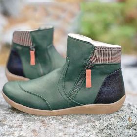 Women's Boots Plus Size Ladies Autumn Winter Vintage Splicing Round Toe Plus Velvet Zip Up Short Ankle Boots Warm Shoes Mujer (Color: Green)