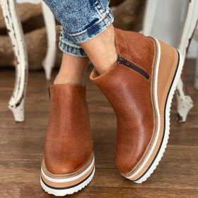 Women's Autumn Boots 2022 New Round Toe Platform Wedge Shoes Side Zipper Retro Solid Women's High Boots Casual Woman Boots (Color: Beige)