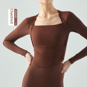 Fake Two-piece Yoga Clothes Long Sleeve Semi-fixed Water Drop Cup Pleating Slim Fit Sports T-shirt (Option: Chestnut-S)